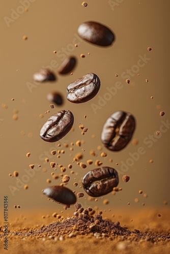 coffee beans and coffee powder on a brown background