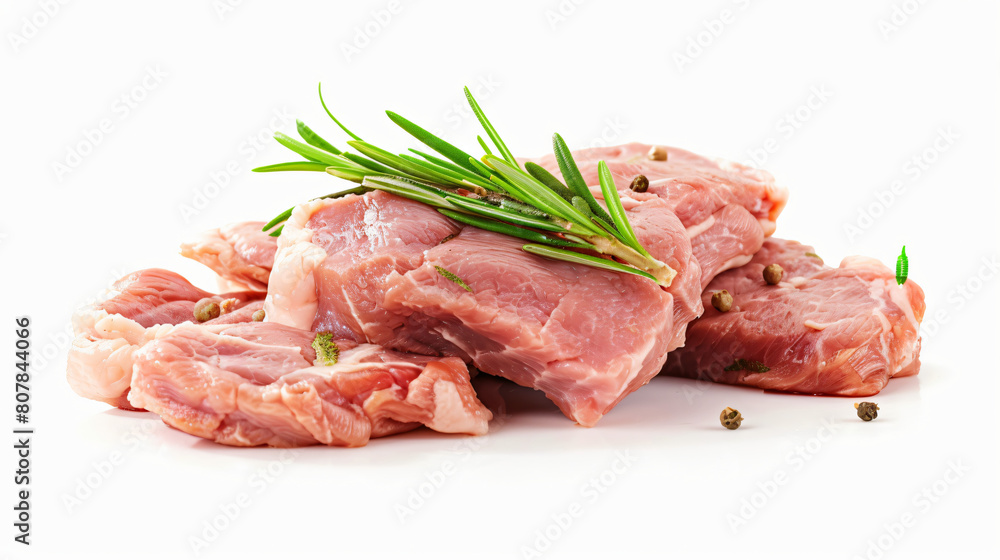 Raw pork meat with rosemary isolated on white background