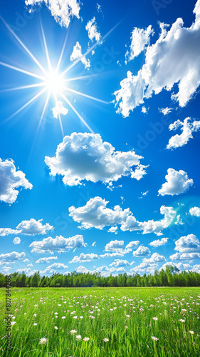 A bright sunny day with a clear blue sky and fluffy white clouds