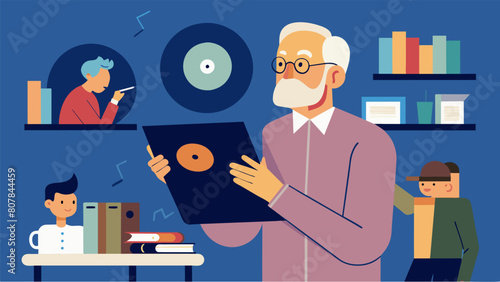 An elderly man shares his personal stories of collecting vinyl records and attending concerts in the 1960s captivating the entire vinyl record Vector illustration