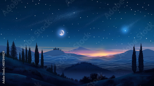 Vector illustration background of the Italian countryside. Hill landscape with pines and cypresses. Night scenery with moon and stars in dark blue sky. photo
