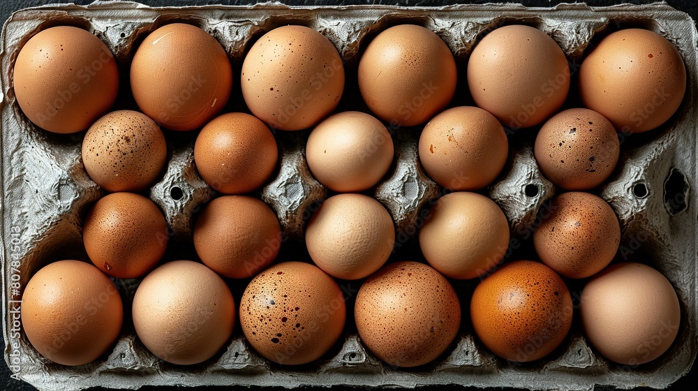 A carton full of brown eggs sits on a black countertop alongside another carton of brown eggs A carton full of brown eggs sits on a black countertop alongside another carton of brown eggs