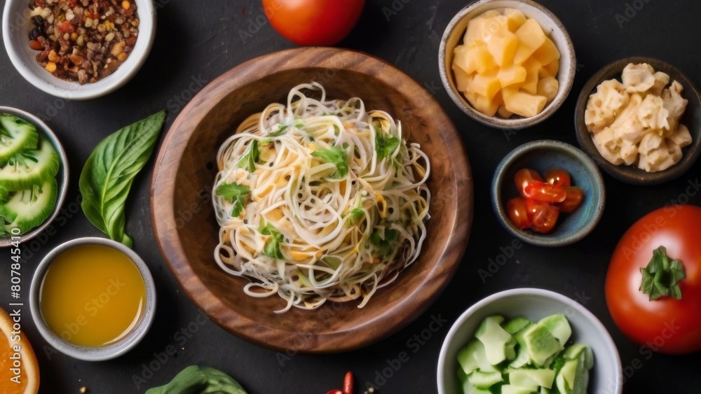 Panorama banner with fresh culinary herbs and spices on a chopping board with a pestle and mortar surrounded by fresh vegetables for salads Panorama banner with fresh culinary herbs and spices on a chopping board with a pestle and mortar surrounded by fresh vegetables for salads
