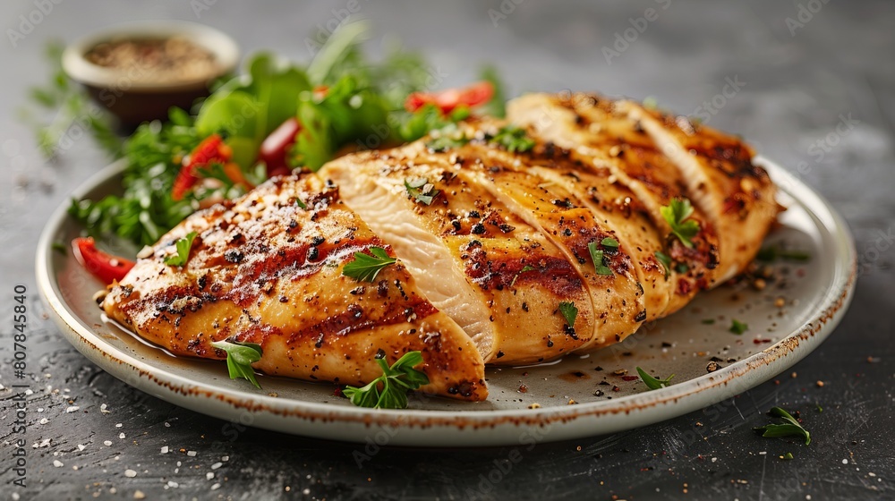 Realistic image of juicy chicken breasts, tenderly sliced and placed on a white plate, showcasing their freshness and lean quality for a healthy product showcase
