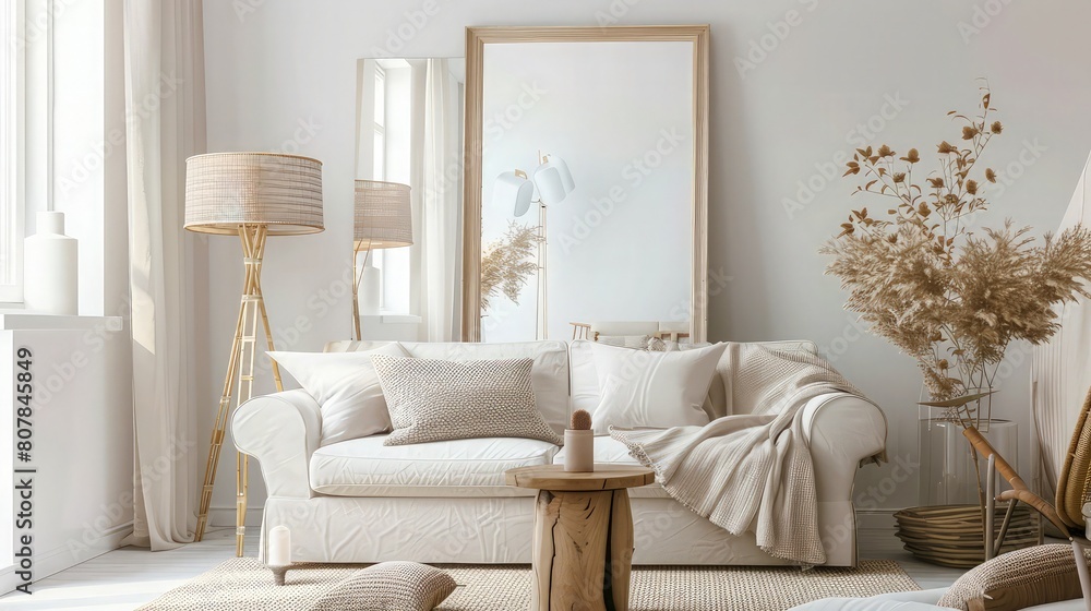 Fototapeta premium Modern living room interior featuring a comfortable sofa with pillows and a wooden floor lamp set against a solid neutral background.