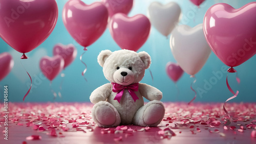 Lovely white teddy bear with beautiful pink roses on pink background
