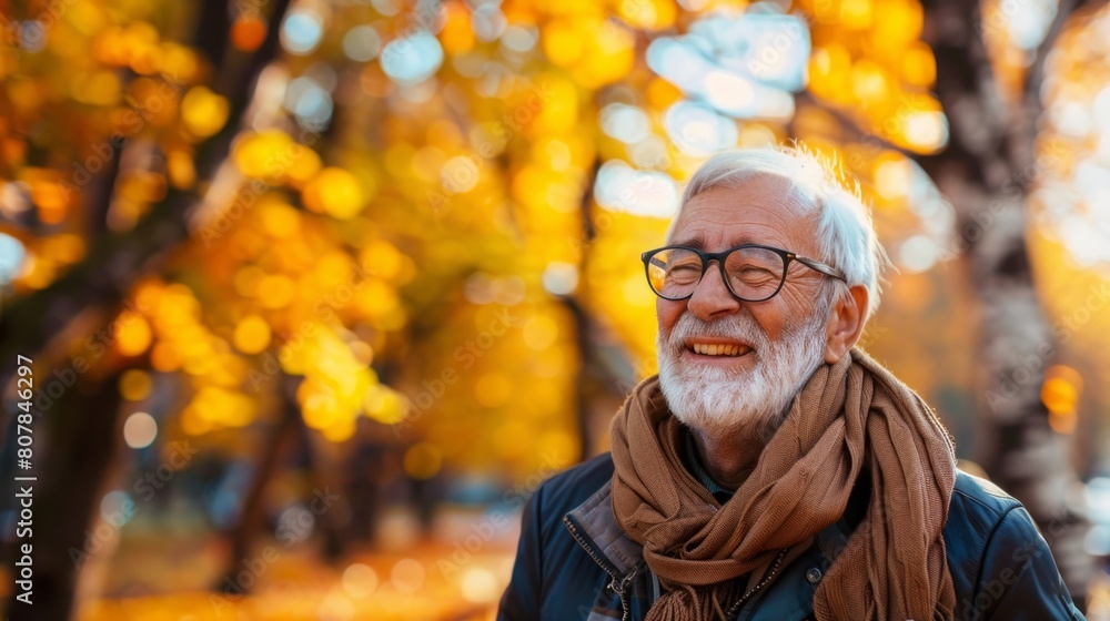 Portrait of happy positive mature man with broad smile in elegant clothes on an autumn walk in city park