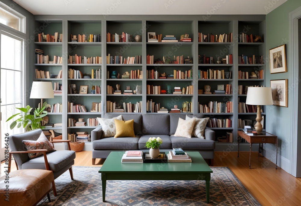 A cozy living room with a large built-in bookshelf filled with books, a gray sofa, a patterned rug, and a green coffee table A cozy living room with a large built-in bookshelf filled with books, a gray sofa, a patterned rug, and a green coffee table
