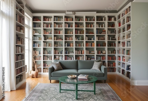 A cozy living room with a large built-in bookshelf filled with books, a gray sofa, a patterned rug, and a green coffee table
