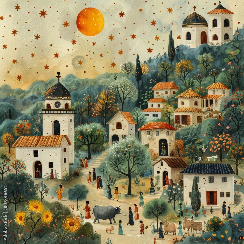 a painting of a village in the mountains with a full moon. high quality illustration