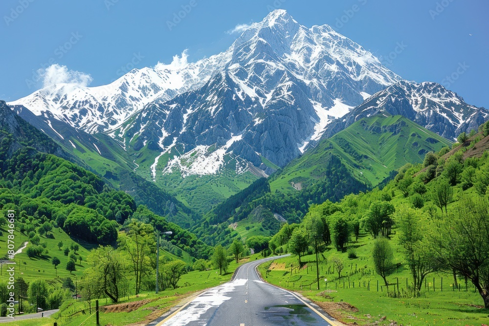A road travels towards a towering mountain in the background