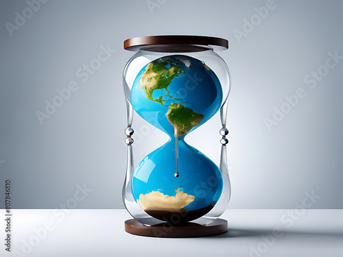Planet Earth trapped in an hourglass. 3D illustration symbolizing the problems of environmental protection and the passing of time
