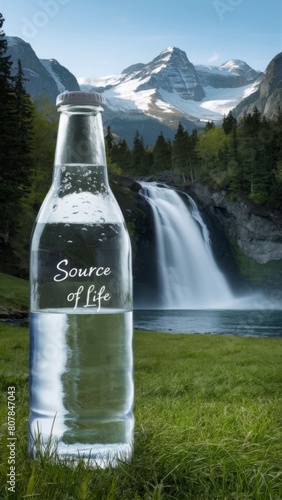 A water bottle on the background of a mountain landscape. Artistic image of a glass water bottle on the background of a mountain landscape.
