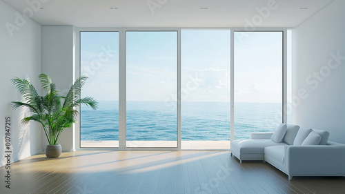 living room with large window overlooking the sea © Yuwarin