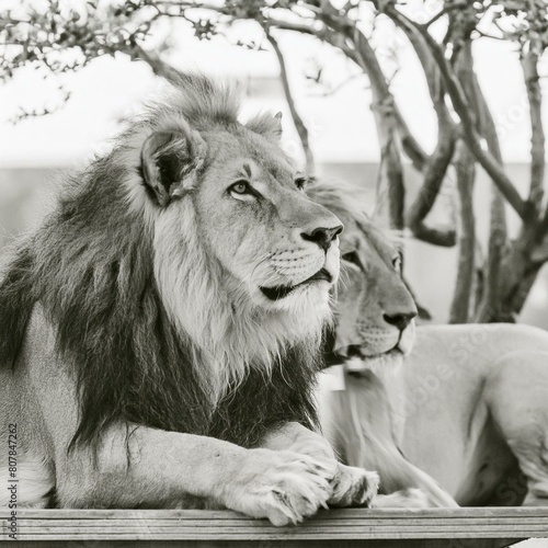 Black and white photos of lions