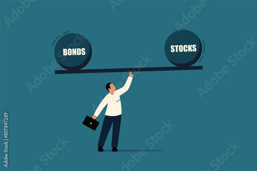 Stocks vs Bonds in Investment Portfolio. Businessman investor balance on stocks and bonds seesaw.