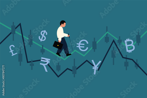 Businessman Navigating Financial Fluctuations. Fundamental Analysis and Currency Exchange Volatility.