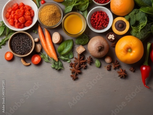 Panorama banner with fresh culinary herbs and spices on a chopping board with a pestle and mortar surrounded by fresh vegetables for salads