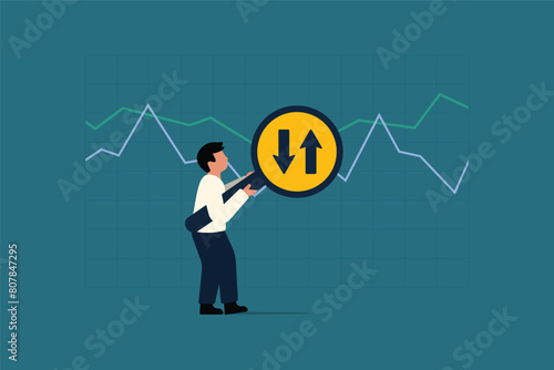 Stock Price Volatility Examination. Bid vs Ask Price Analysis. Businessman with Magnifier.