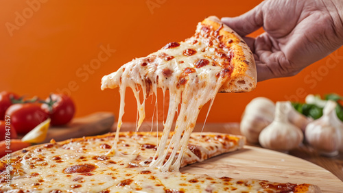 Closeup of a male hand taking a slice of a pizza with a lot of melting cheese  tomatoes in the background.