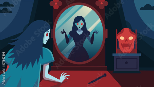 A horror movie set with a distorted mirror that eerily alters the image of the lead actress into a demonic figure as she practices her lines..