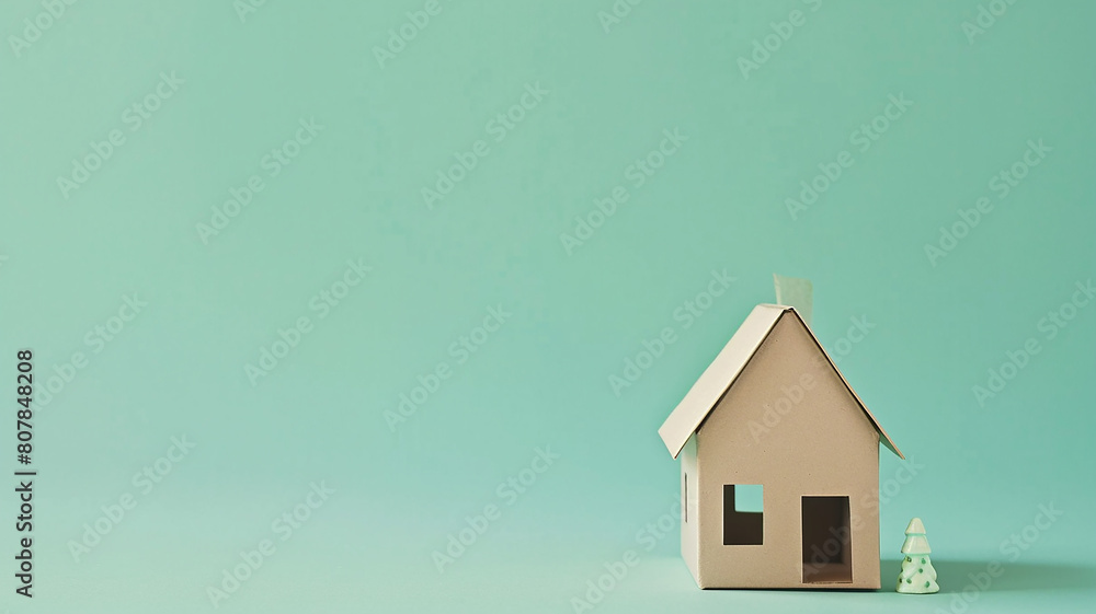Isolated three-dimensional cardboard house, mint background postcard for sale and rental of suburban real estate Isolated three-dimensional cardboard house, mint background postcard for sale and rental of suburban real estate