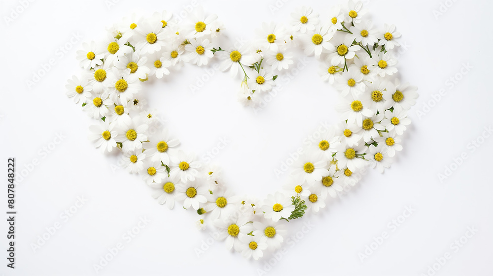 heart-shaped flower frame on a white background, a postcard design concept about love and tenderness