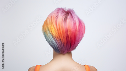 woman with multicolored rainbow-colored hair, the concept of creativity, freedom and independence, a view from the back