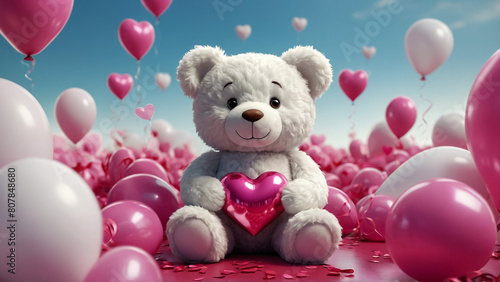 Lovely white teddy bear with beautiful pink roses on pink background  © MUHAMMAD