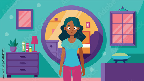 A teens bedroom with a funky mirror that twists the image of a confident stylish girl into a distorted insecure figure..