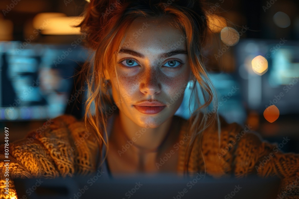 woman working with her computer in night woman working with her computer in night