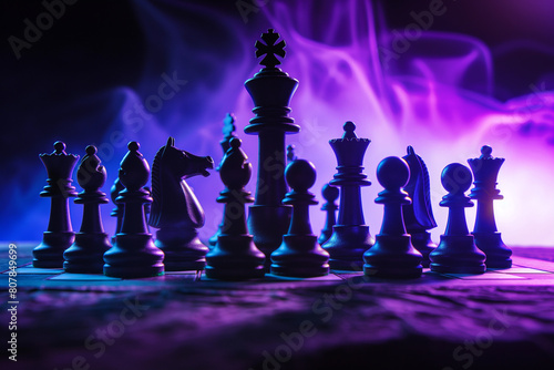 chess pieces on the chessboard, Start with a dark, moody background to set the atmosphere for the epic chess battle