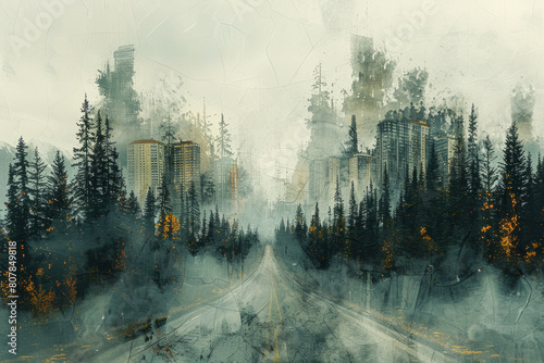 Digital collage depicting roads and buildings superimposed on forest backdrop  visual metaphor for habitat fragmentation due to development
