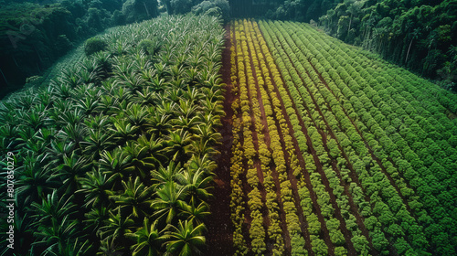 Visual comparison between vast monoculture agriculture expanses and adjacent sustainable agroforestry, highlighting the stark differences in land use and practices. photo
