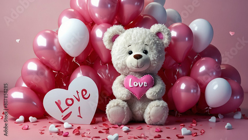 Lovely white teddy bear with beautiful pink roses on pink background
