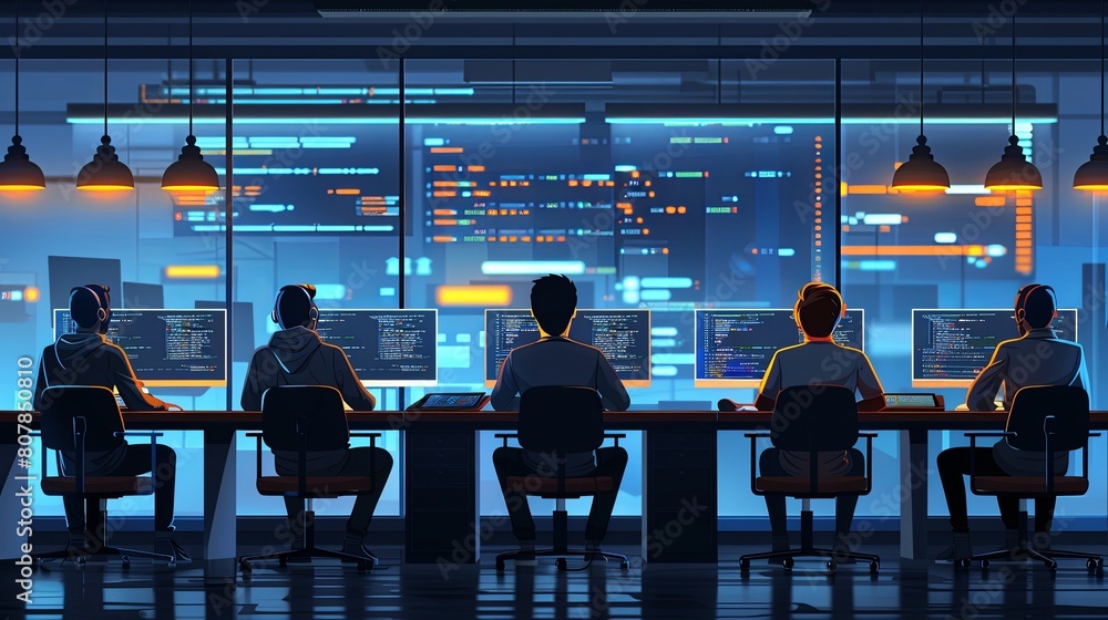 Many programmers are sitting and typing code into a computer screen. Many programmers are sitting and typing code into a computer screen.