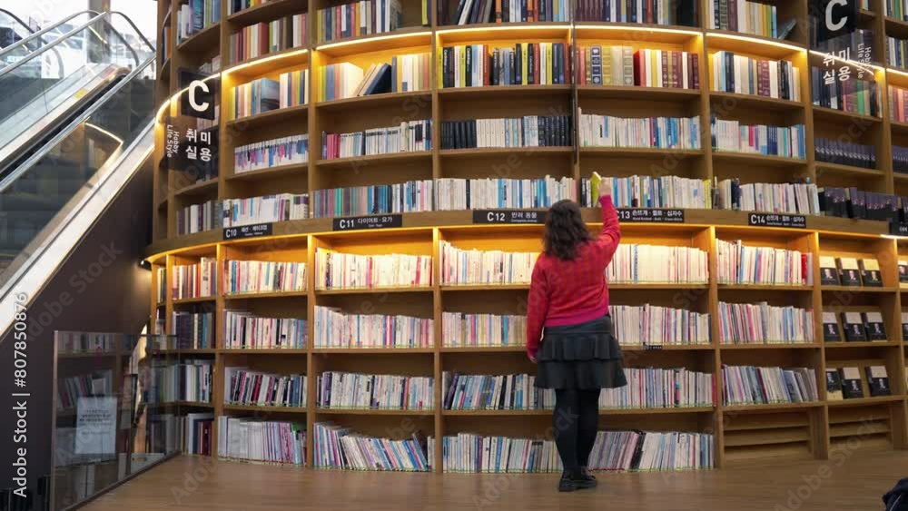 Woman Walking By Bookshelf And Take A Book At Starfield Library Coex Mall In Seoul, South Korea. static shot Woman Walking By Bookshelf And Take A Book At Starfield Library Coex Mall In Seoul, South Korea. static shot
