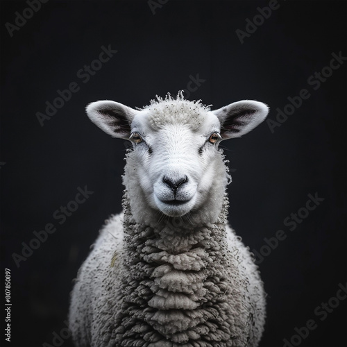 Eid ul Adha concept  A beautiful  cute sheep against a sleek black background. Eid celebration