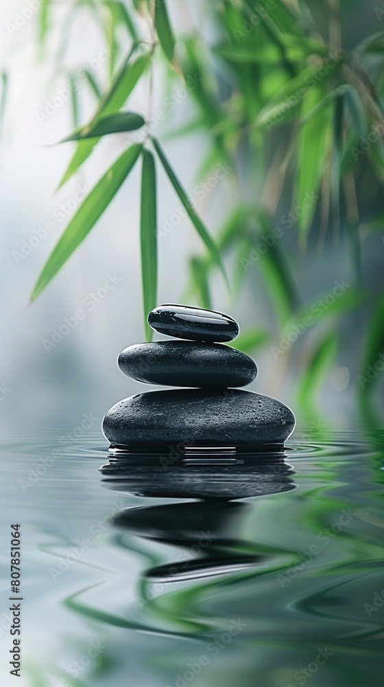 Naklejka premium Photo of black stones stacked on top of each other with bamboo leaves in the background