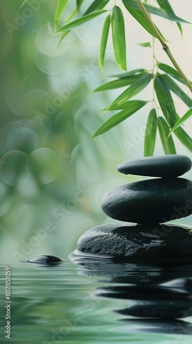 Photo of black stones stacked on top of each other with bamboo leaves in the background