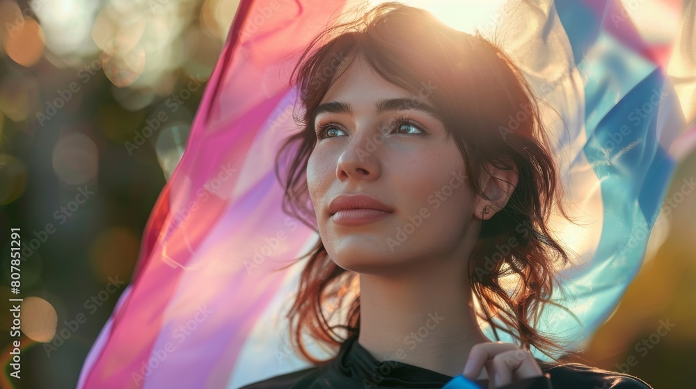 Young woman under a rainbow flag at a pride event, embodying the spirit of freedom and diversity Young woman under a rainbow flag at a pride event, embodying the spirit of freedom and diversity