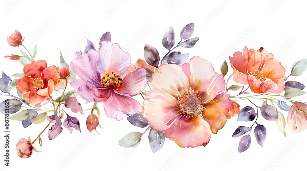 stunning watercolor flowers with green leaves on white background. stunning watercolor flowers with green leaves on white background.