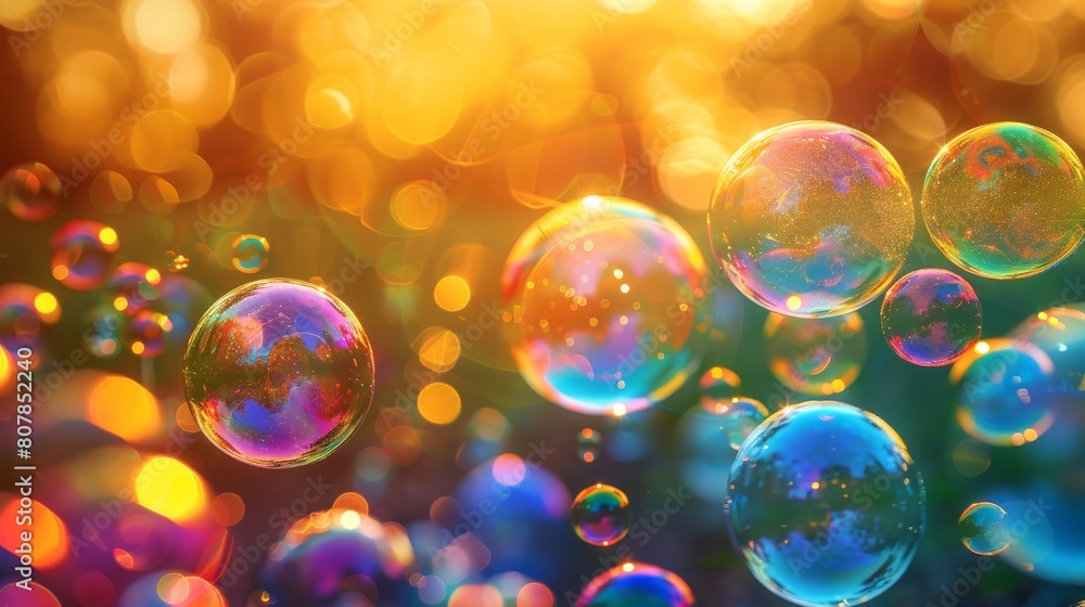 Multiple vivid soap bubbles in various sizes and colors drift through the air, creating a whimsical and vibrant spectacle Multiple vivid soap bubbles in various sizes and colors drift through the air, creating a whimsical and vibrant spectacle
