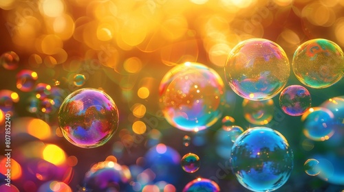 Multiple vivid soap bubbles in various sizes and colors drift through the air  creating a whimsical and vibrant spectacle