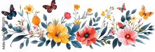 Colorful flowers and butterflies depicted in watercolor on a clean white background  showcasing vibrant hues and delicate details
