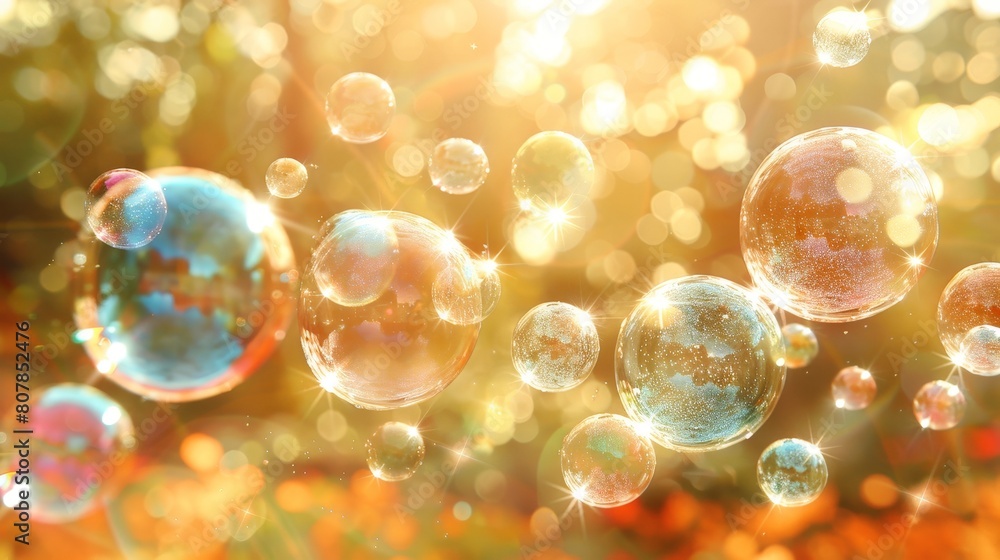 Multiple soap bubbles float in the air, reflecting light and creating a ...