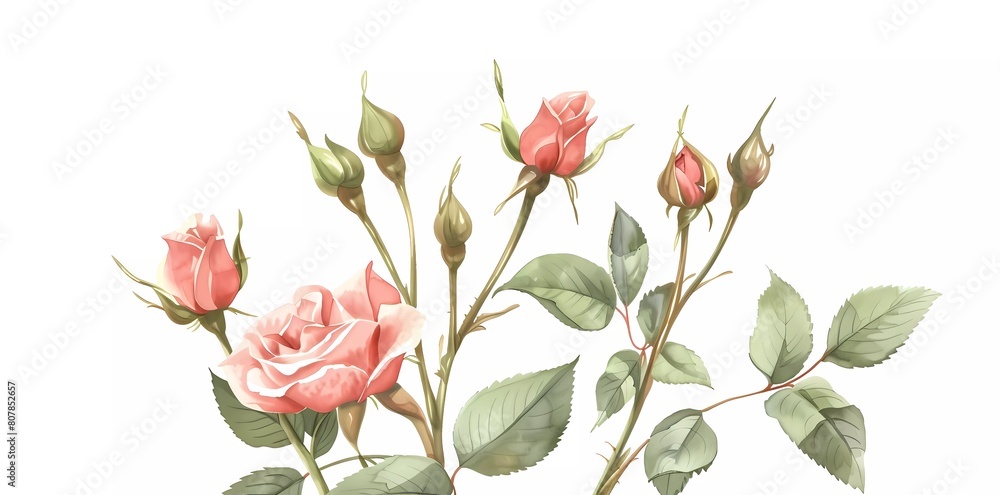 flowers, buds, leaves on white background, digital drawing, vintage watercolor style, vector