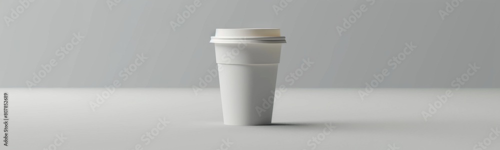 White cup with a lid sitting on a table. Mockup background. Banner White cup with a lid sitting on a table. Mockup background. Banner