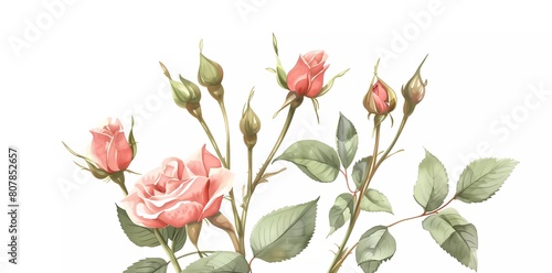 flowers, buds, leaves on white background, digital drawing, vintage watercolor style, vector