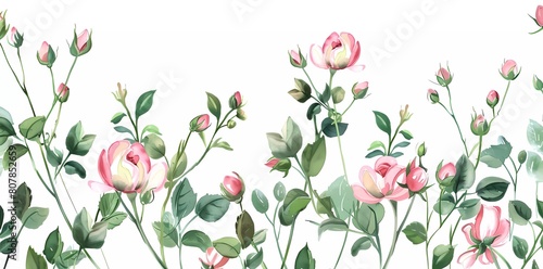 Wallpaper Mural flowers, buds, leaves on white background, digital drawing, vintage watercolor style, vector Torontodigital.ca